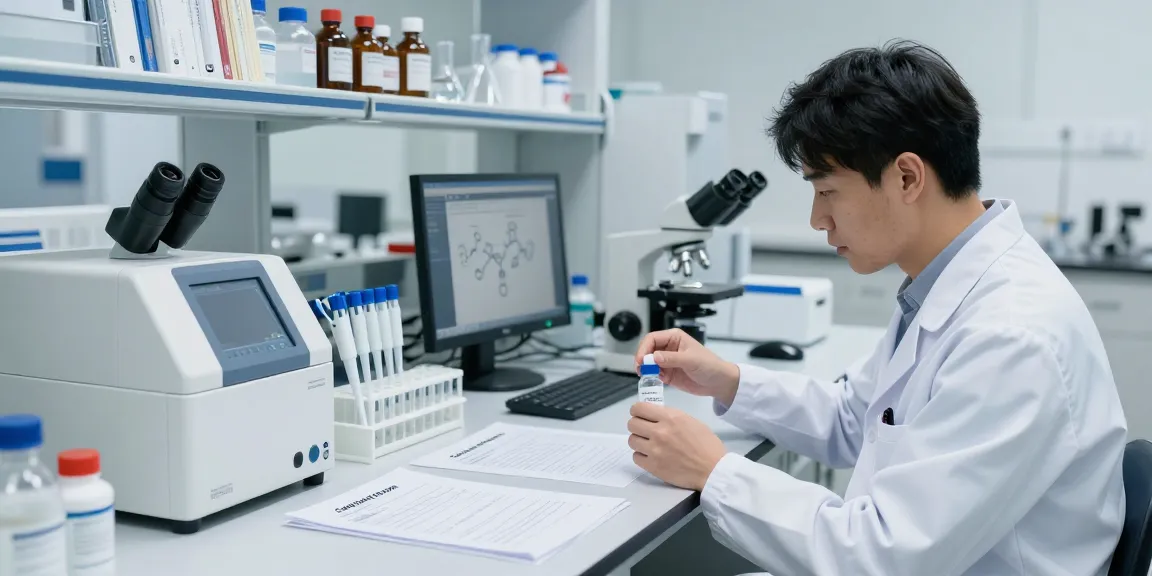 KLOW peptide stack analysis in a laboratory, showcasing researcher working with vials and analytical equipment.
