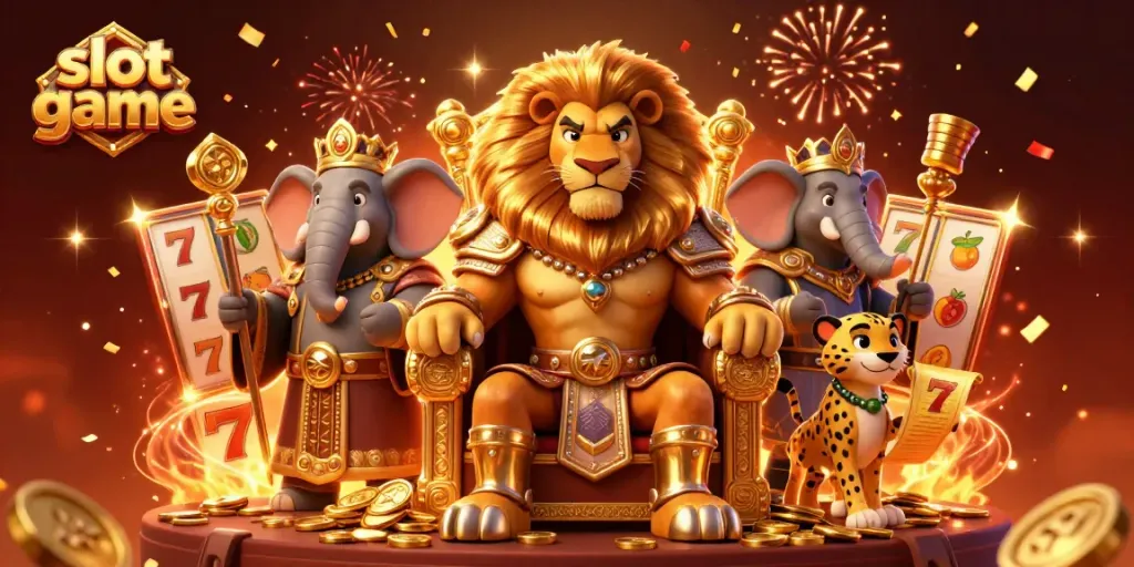 Experience the excitement of a slot game with vibrant 3D characters amidst spinning reels and festive decorations.