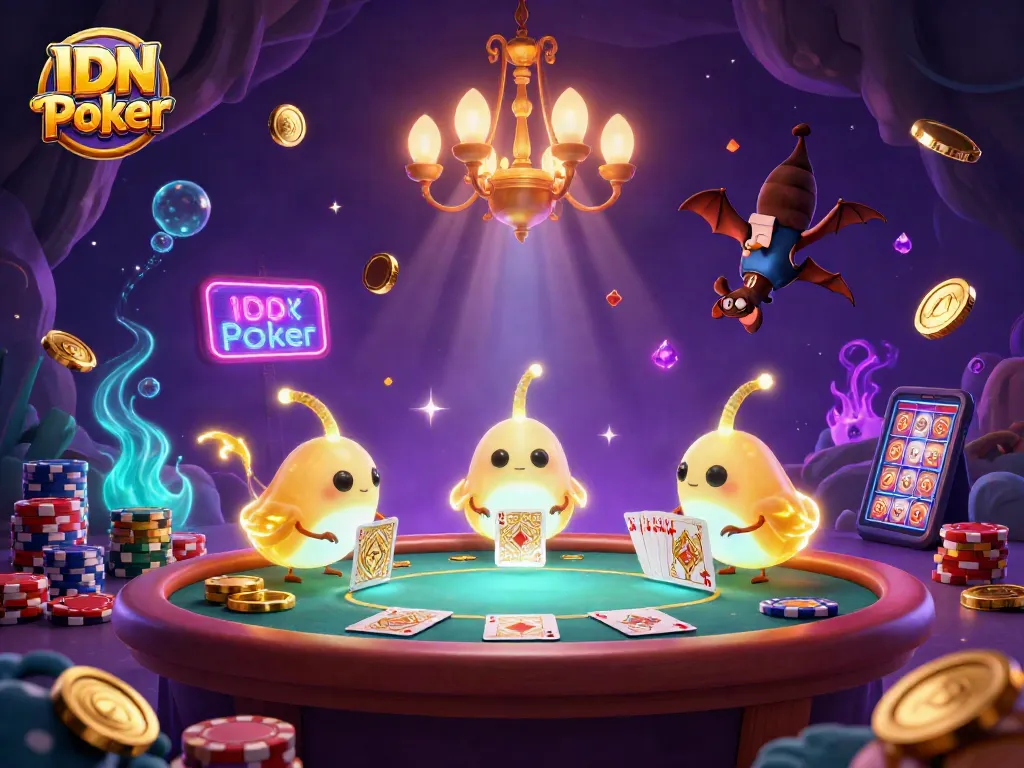 Engage in IDN Poker excitement with dynamic glowworms lighting the poker table and shimmering gems.
