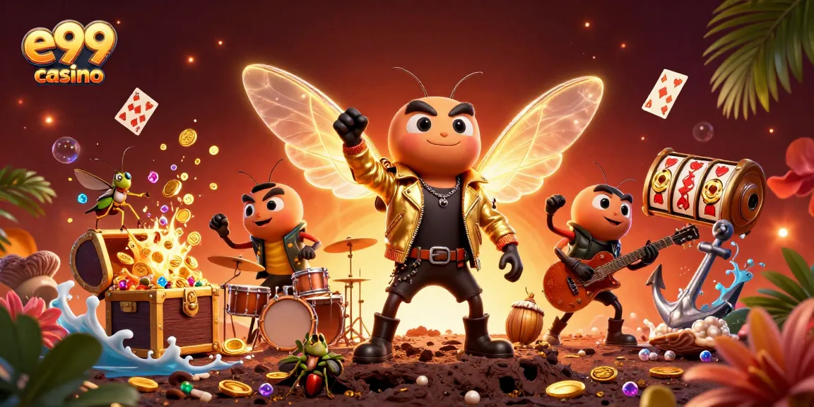 Engage in epic slots and games at e99 casino with vibrant 3D rock star and drummer scene.