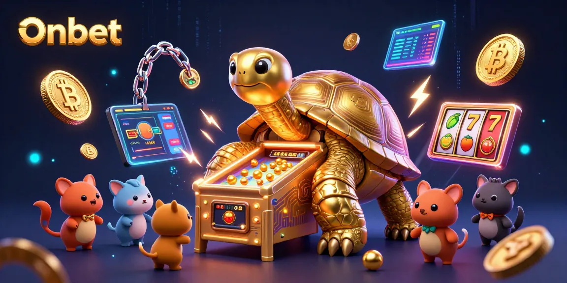 Spin the slots with Onbet's exciting 3D cartoon illustration of a golden tortoise and vibrant crypto elements.