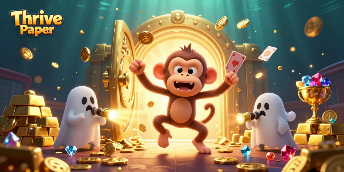 Engage with Thrive Paper's lively gambling scene showcasing a playful poltergeist monkey and ghost-hunter puppy.