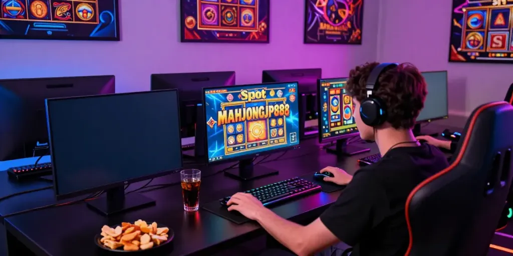 Engaged player enjoying Slot MAHJONGJP88 in a vibrant gaming room atmosphere.