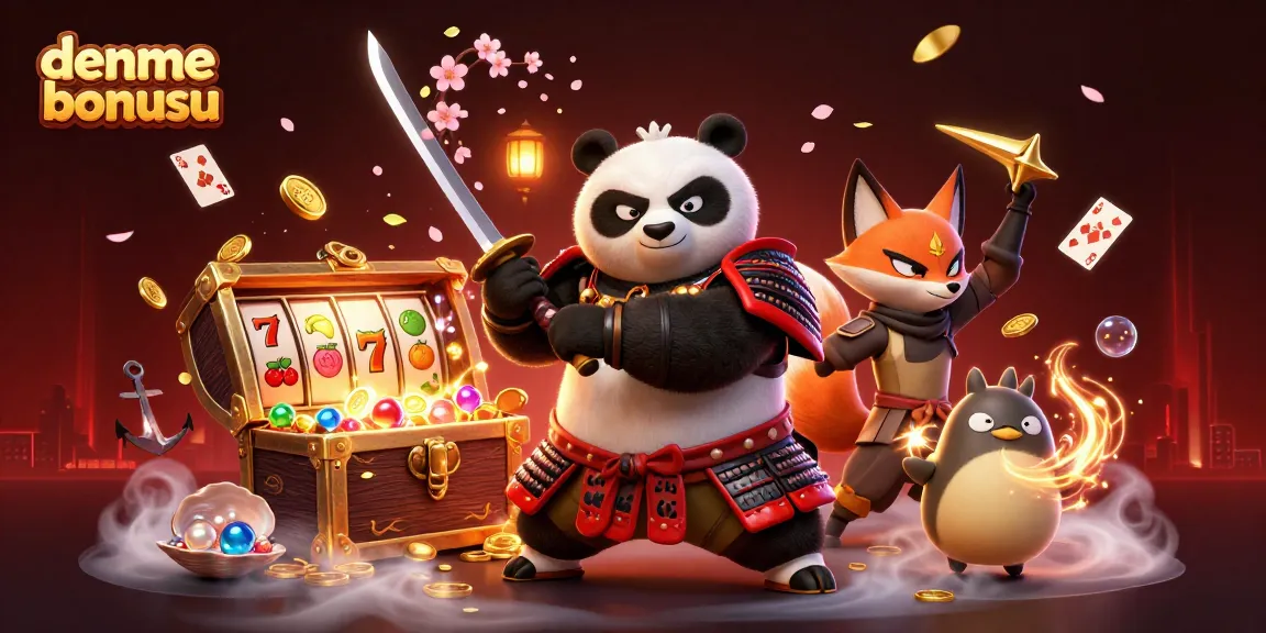 Engaging deneme bonusu scene with samurai panda and ninja fox amid a vibrant casino atmosphere