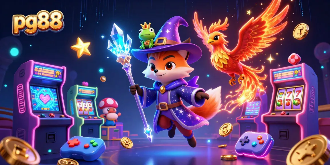 Engage with pg88 through a vibrant 3D illustration featuring a wizard fox, phoenix, and magical gaming elements.