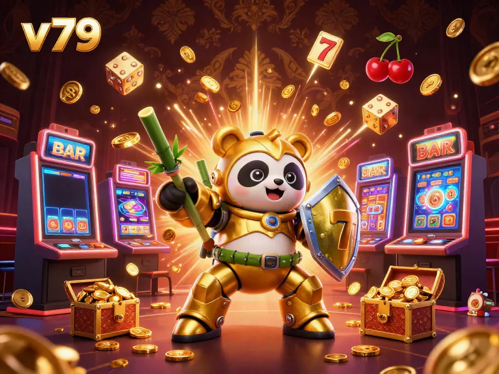 Experience the excitement of v79 gaming with a vibrant 3D scene showcasing thrilling jackpots and colorful casino elements.