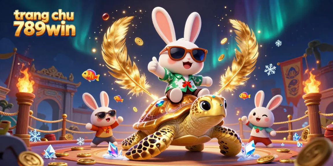 Join the fun at trang chu 789win with a colorful 3D portrayal of lucky rabbit riding a golden turtle, immersed in gambling excitement.