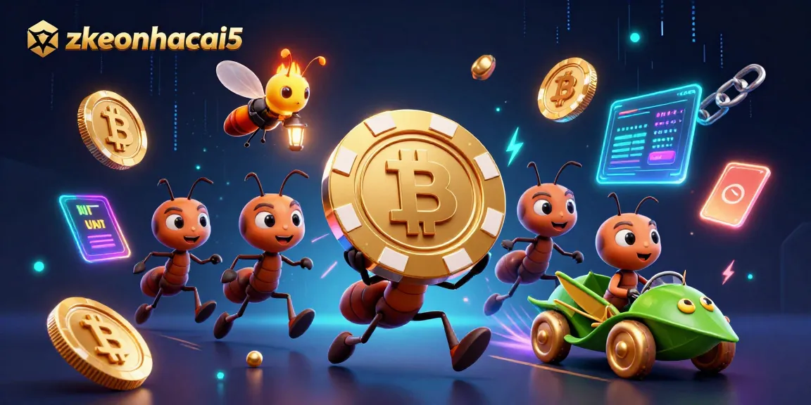 Engage in the exciting zkeonhacai5 heist as cartoon ants navigate a crypto tunnel with golden poker chips.