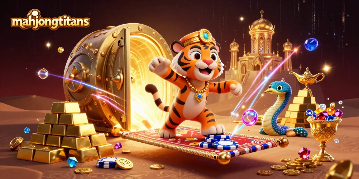 Engage in mahjongtitans gameplay with vibrant treasures and characters amidst a lavish casino backdrop.
