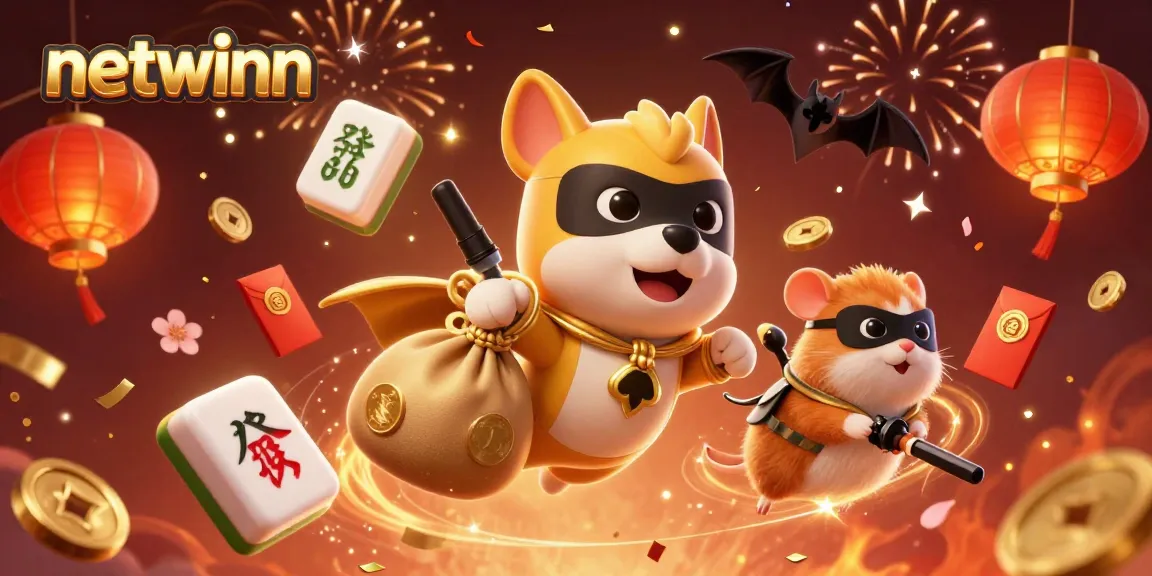Experience thrilling gameplay with netwinn as a superhero dog and sidekick hamster celebrate casino wins in a vibrant scene.
