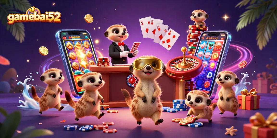Experience thrilling casino action at gamebai52 with meerkats operating a vibrant gaming scene.
