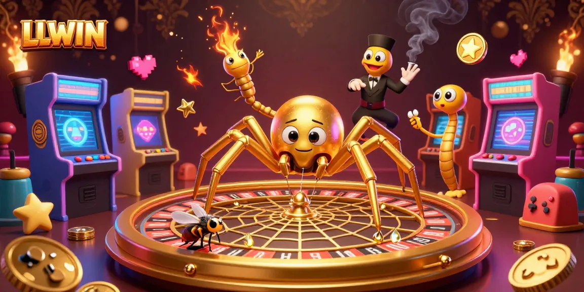 LLWIN casino experience featuring a golden spider spinning a roulette wheel web as a fly places bets.