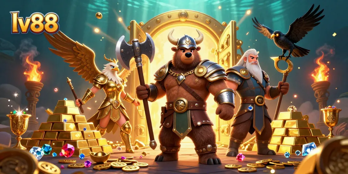 Exciting lv88 casino scene with a Viking bear and Valkyrie eagle amidst treasure and gaming elements.