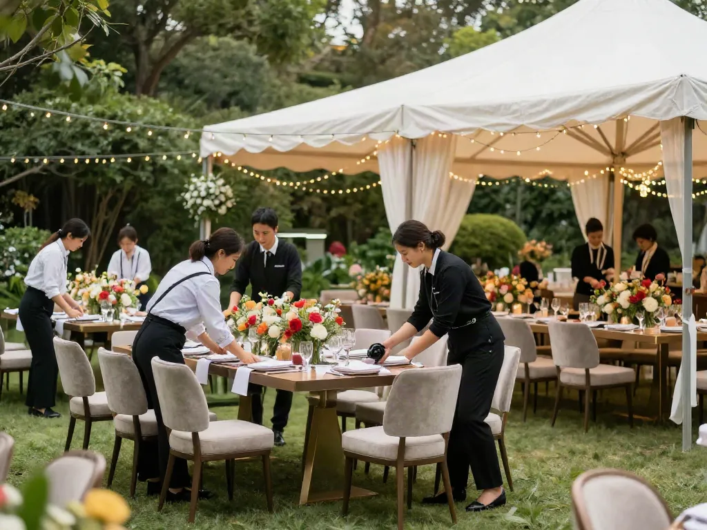 Event rental ksa: Professional team setting up a luxurious wedding reception in a garden.