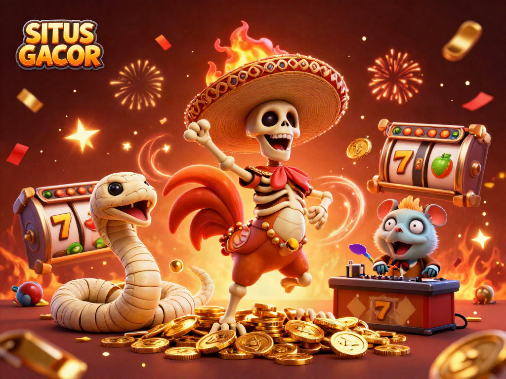 SITUS GACOR: Celebrate wins with a lively scene of a mariachi skeleton, zombie DJ, and vibrant slot elements.
