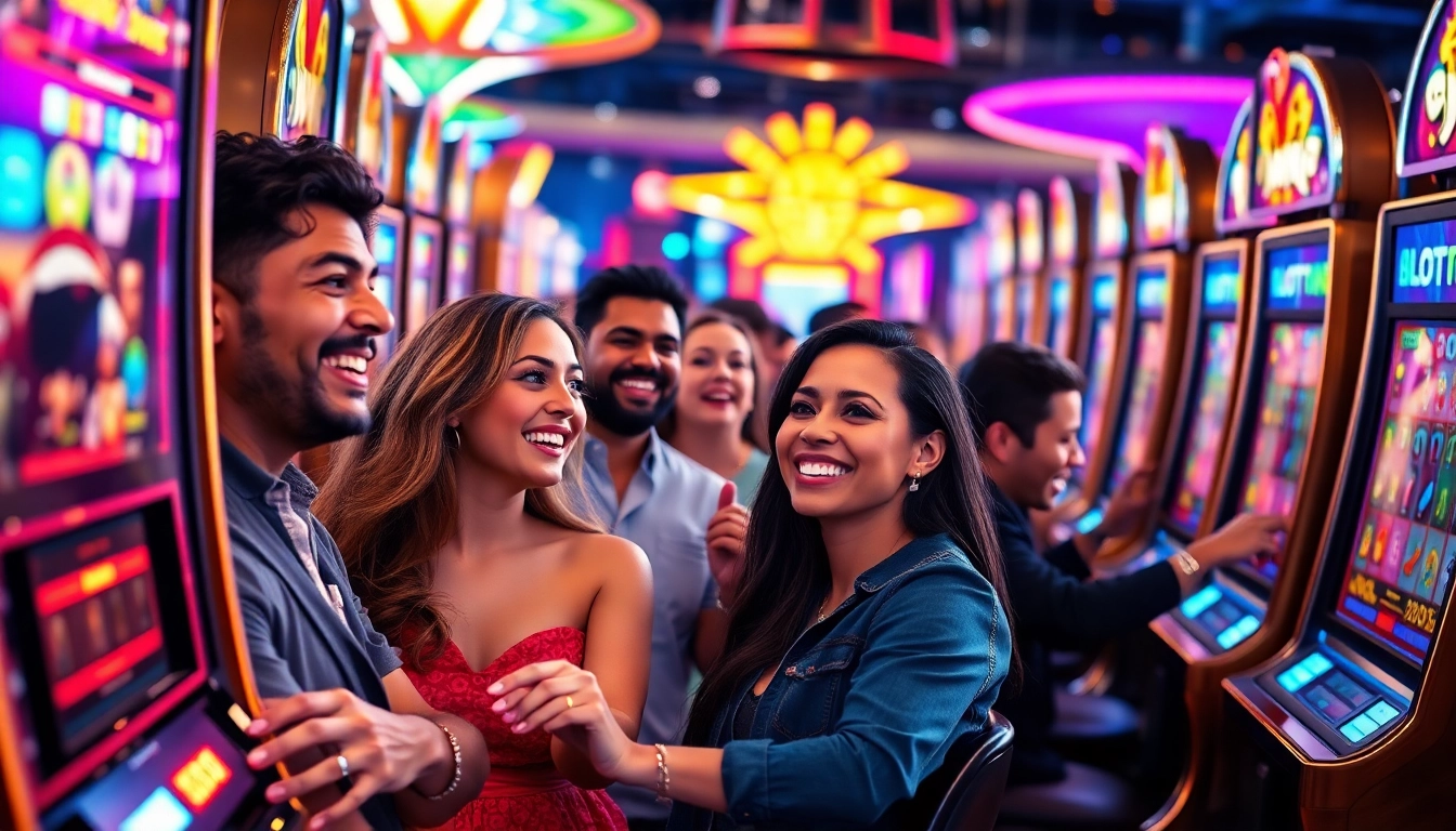 Players experience excitement during slot gambling at a lively casino with colorful machines.