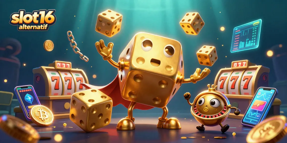 Engage with slot16 alternatif through a vibrant 3D casino scene featuring a golden dice golem.