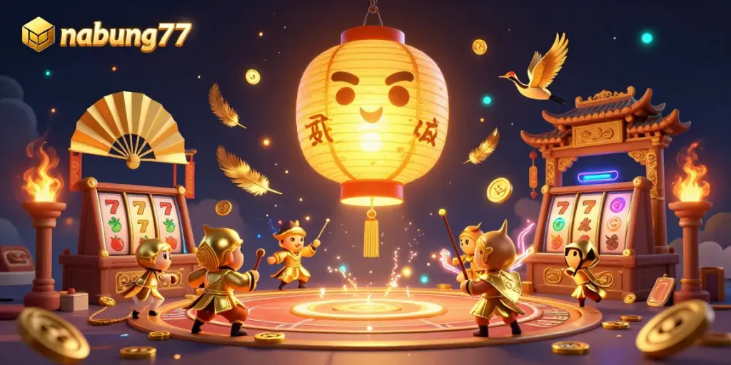 Nabung77 immerses players in a vibrant casino experience with golden lanterns, slot reels, and dynamic gaming elements.