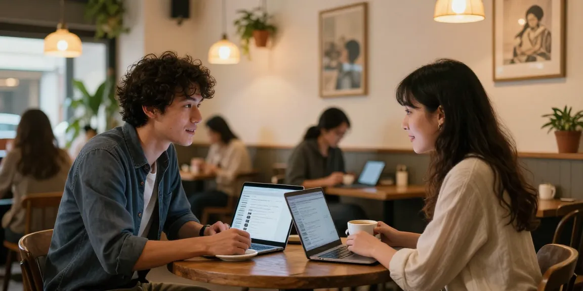 Authentic dating experience: singles connecting over coffee in a cozy café with online profiles open.