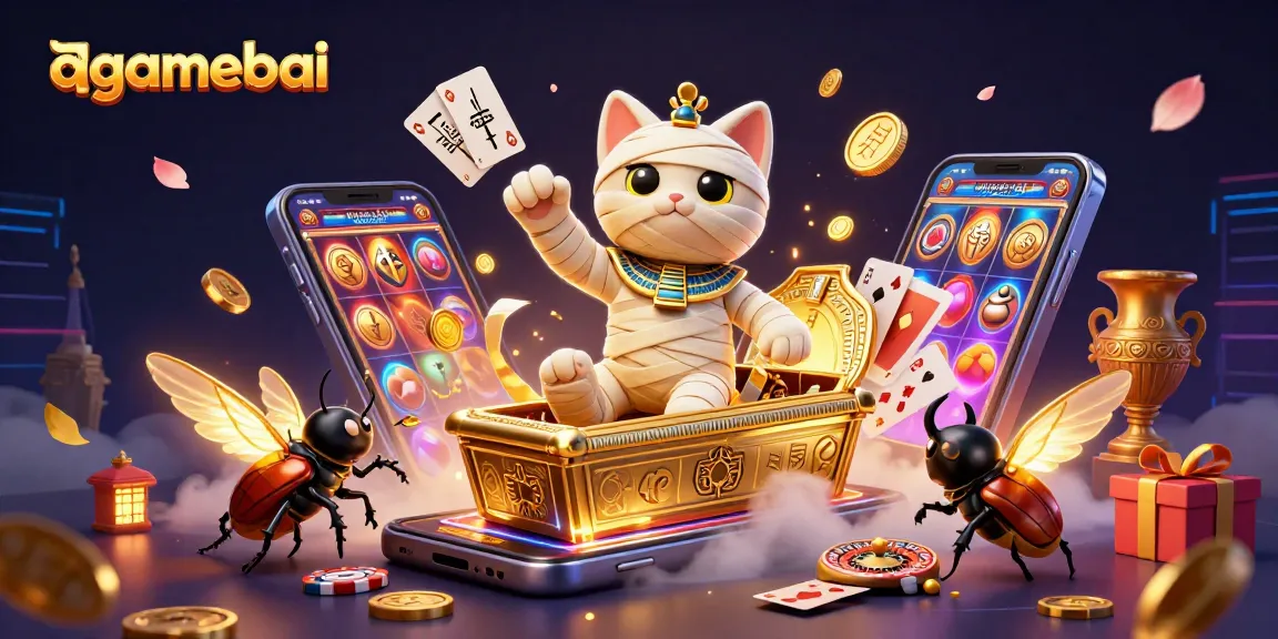 Play slots with agamebai in a vibrant pyramid casino scene featuring a mummy cat and glowing cards.