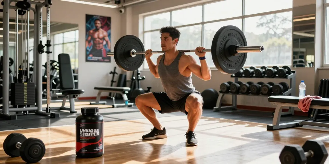Muscular athlete showcasing strength with Unique Pharma Steroids products in a vibrant gym setting, capturing a motivational workout moment.