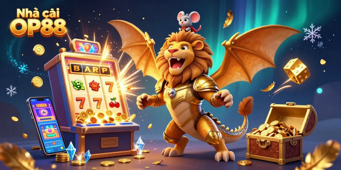 Experience the thrill of jackpots with Nhà cái OP88's dynamic gaming scene featuring golden chimera and vibrant slot symbols.