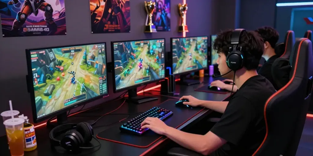 Gamer asyik bermain diana4d di meja modern dengan monitor dan lampu LED RGB.
