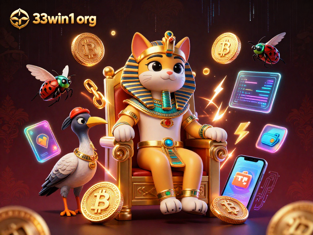 Experience 33win1 org with the pharaoh cat and crypto-themed 3D illustration in an exciting scene.