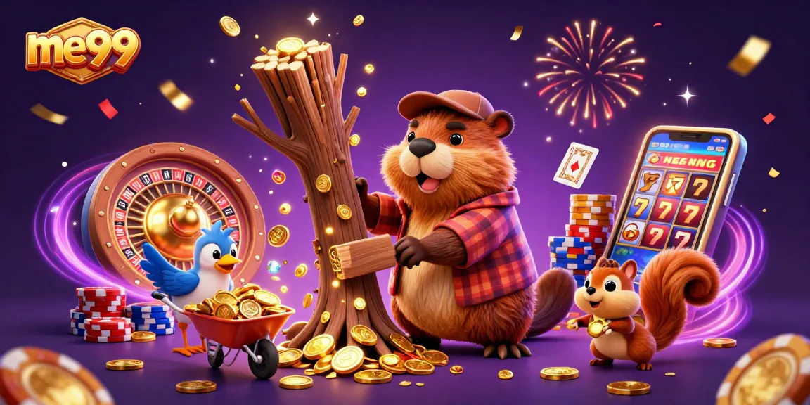 Join the excitement at me99 as a beaver chops for golden coins amid a dynamic casino scene.