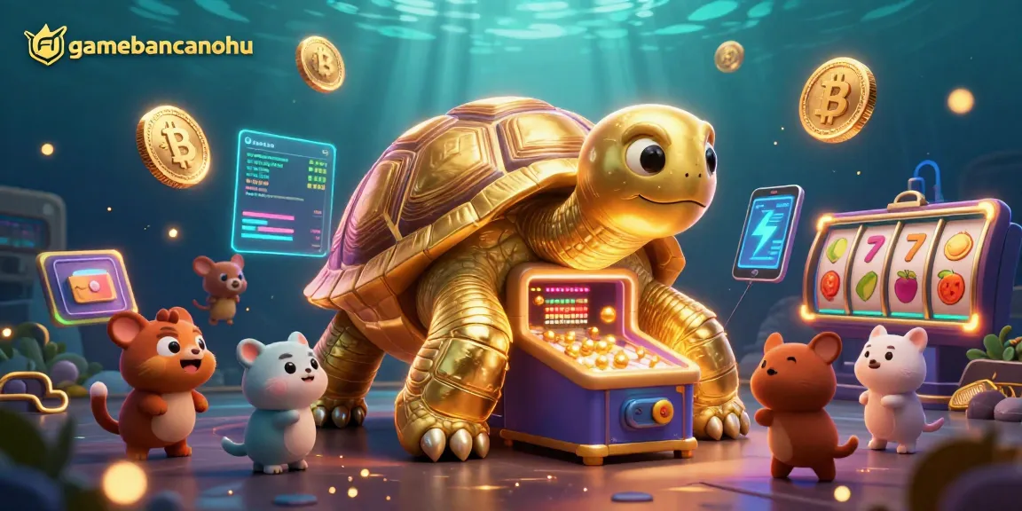 Play exciting games at gamebancanohu with vibrant crypto elements and a colorful tortoise!