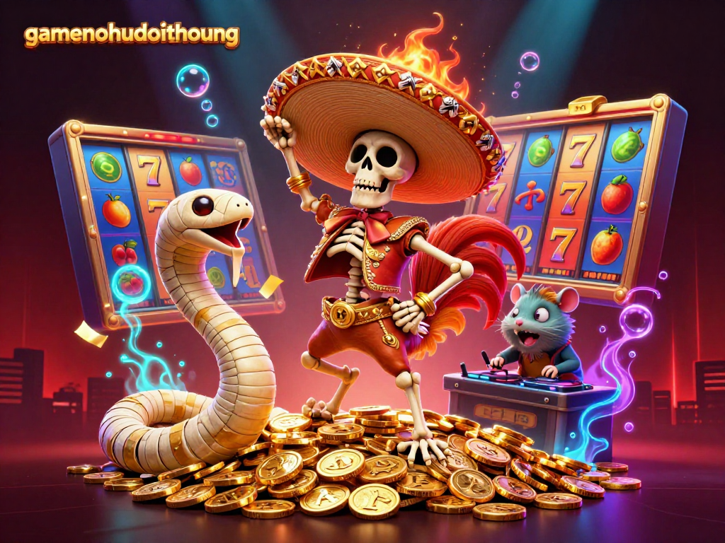 Experience thrilling gameplay at gamenohudoithuong with vibrant slot reels, golden coins, and dynamic characters.