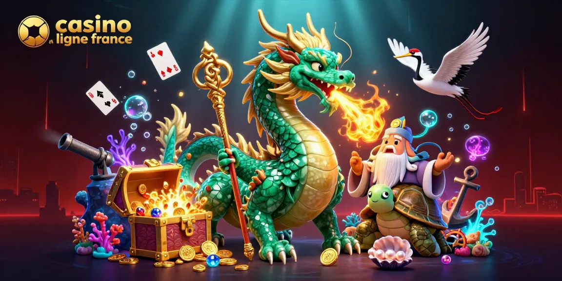 Illustration dynamique de casino en ligne France avec dragon, tortue sage et grues porte-bonheur.