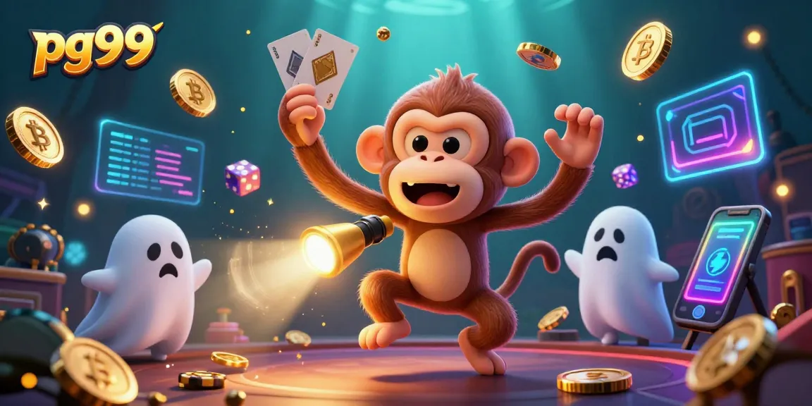 Experience thrilling gaming at pg99 with a mischievous ghost monkey juggling casino tokens in a haunted setting.