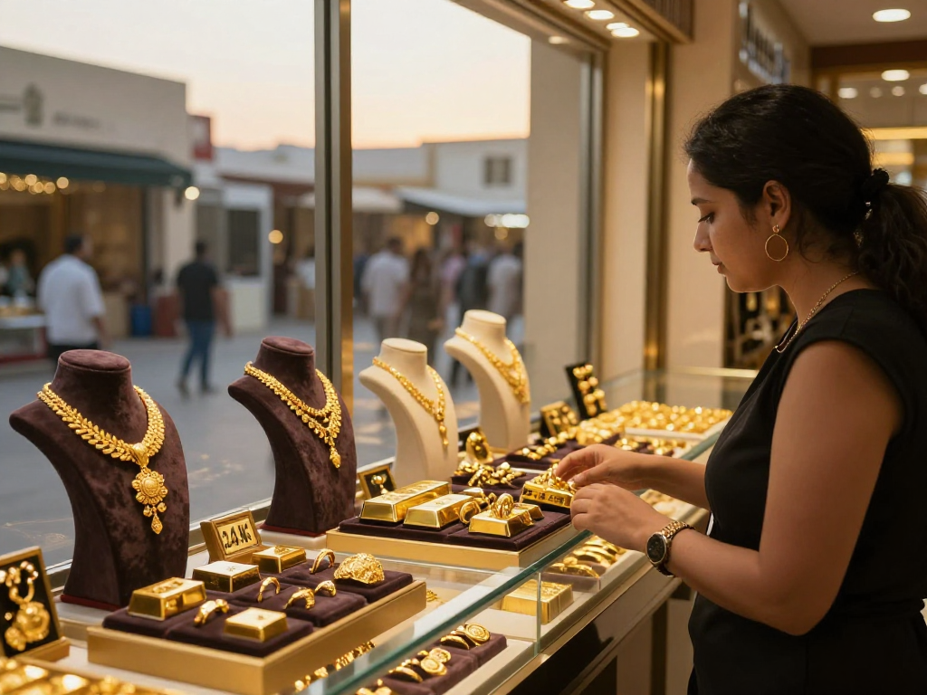 Gold jewelry display at mantra88 store in Bahrain, showcasing 24K and 22K pieces.