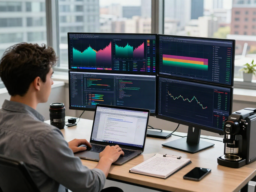 Trader using TradingView charts and analysis tools in a modern trading studio.