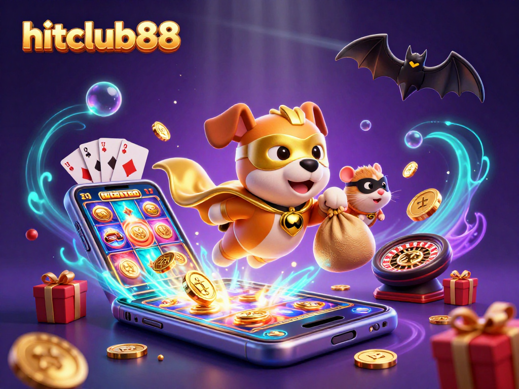 Experience thrilling gameplay at hitclub88 with a superhero dog and hamster enjoying slots and poker deals.