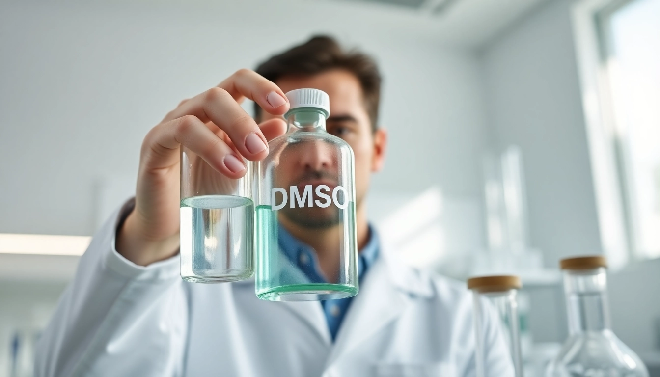 Order high-quality DMSO with a scientist analyzing a DMSO bottle in a lab.