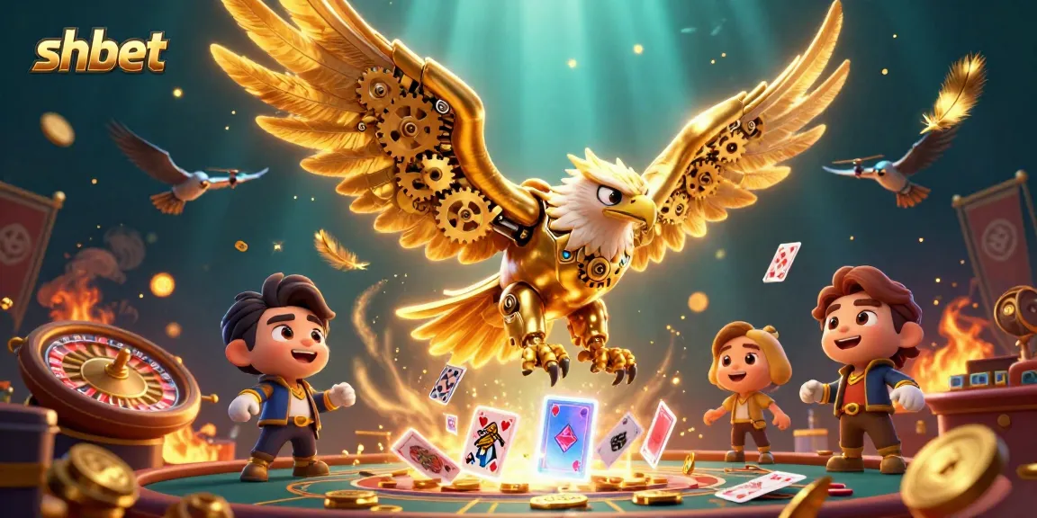shbet brings a thrilling gaming experience with a dynamic 3D casino illustration, featuring a cybernetic eagle and baccarat elements.