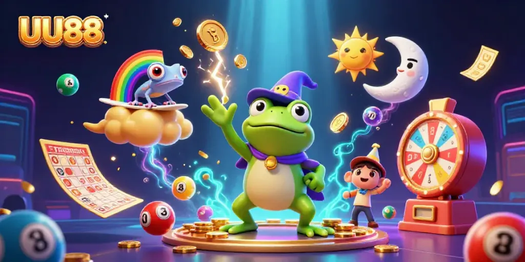 Experience the excitement of UU88 with a whimsical scene of gambling fun featuring vibrant characters and game elements.