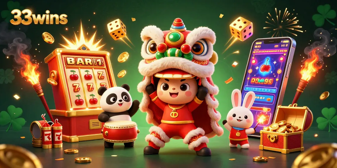 Engage with 33wins by exploring a vibrant 3D casino scene featuring thrilling slot game elements.