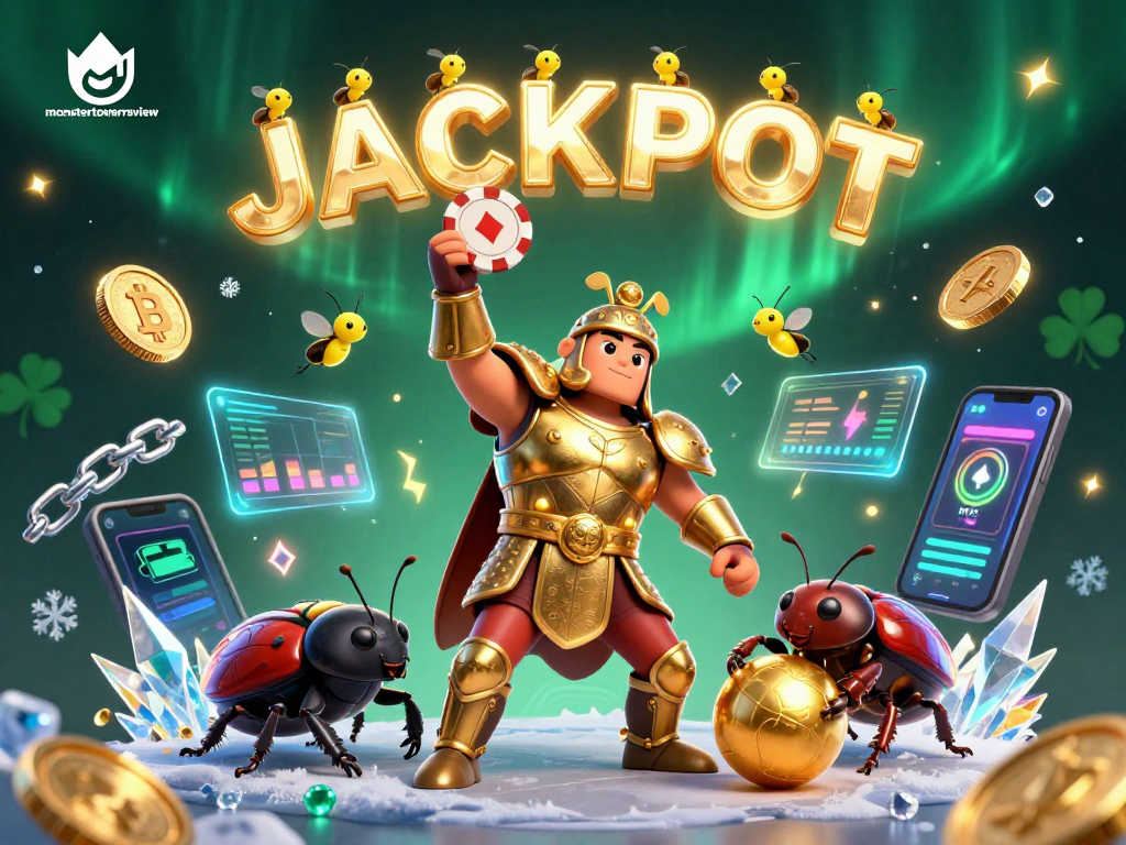 Engage in thrilling gameplay with monstertowerreview as fiery fireflies spell JACKPOT amidst 3D characters and crypto elements.