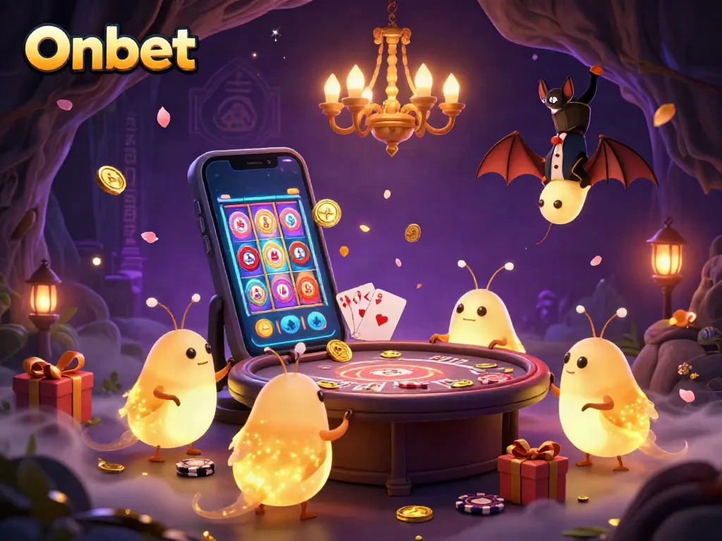 Engage with Onbet's captivating 3D casino illuminated by glowworms, showcasing immersive slot games and vibrant casino elements.