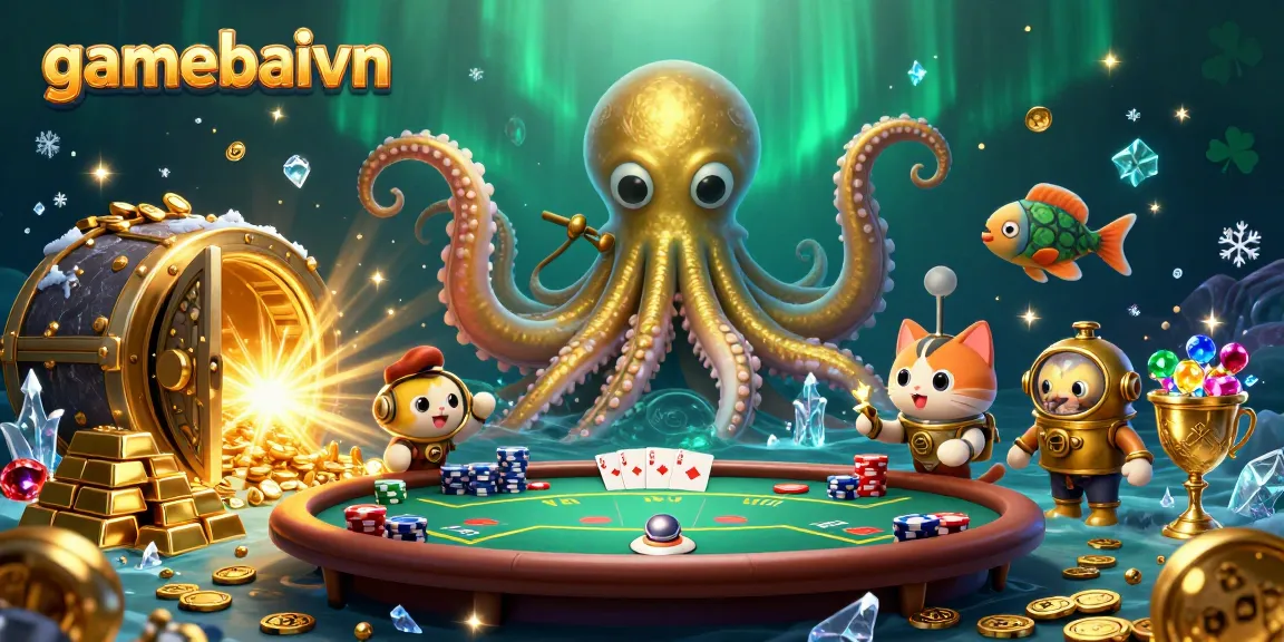 Experience thrilling poker action with gamebaivn's immersive illustration of a kraken and diving cat!