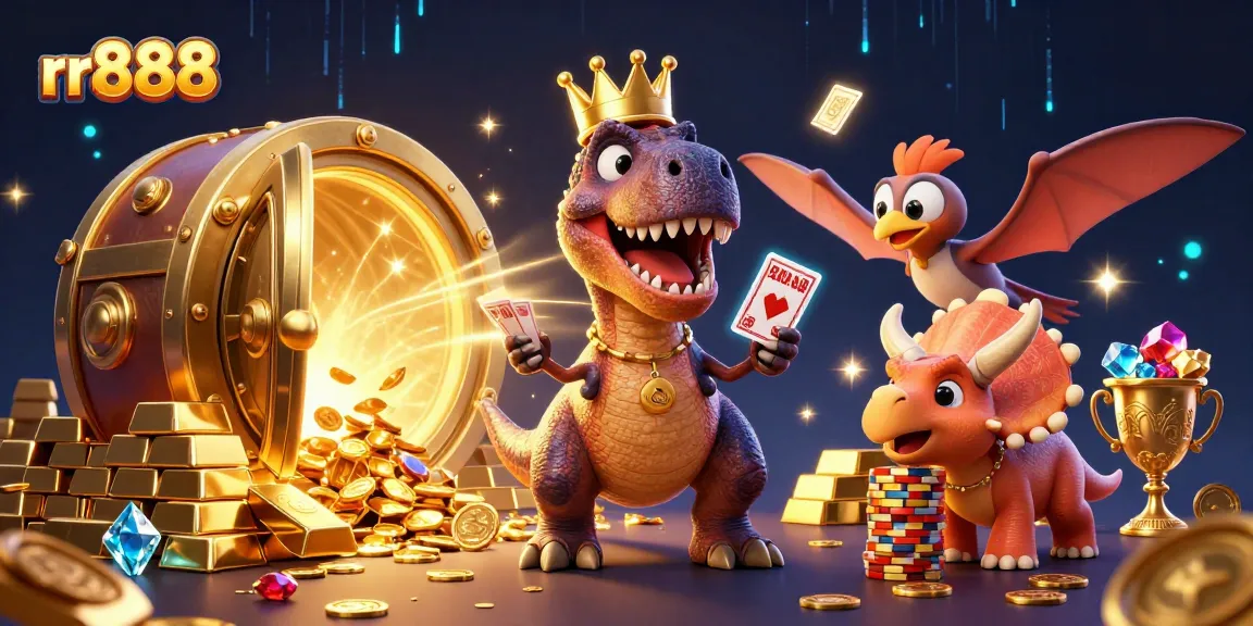 Experience vibrant rr888 gaming moments with a dinosaur dealer shuffling cards amidst a treasure-filled casino.