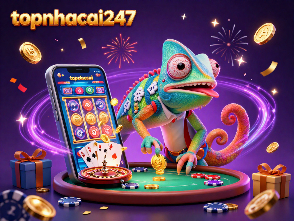 Experience exciting gameplay at topnhacai247 with a colorful chameleon casino scene, bursting with winning symbols.