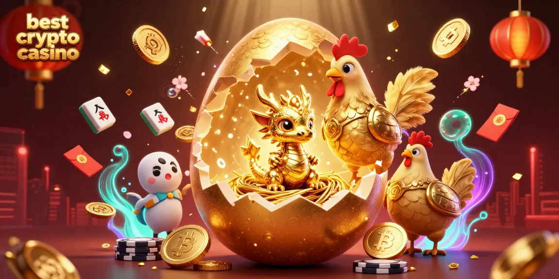 Jouez au meilleur crypto casino avec un œuf d'or et un dragon, entouré de pièces et d'éléments de jeu.