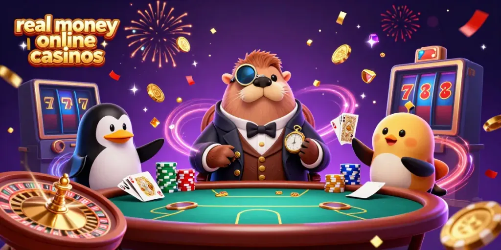 Enjoy real money online casinos with a jovial walrus at the poker table in a vibrant scene.