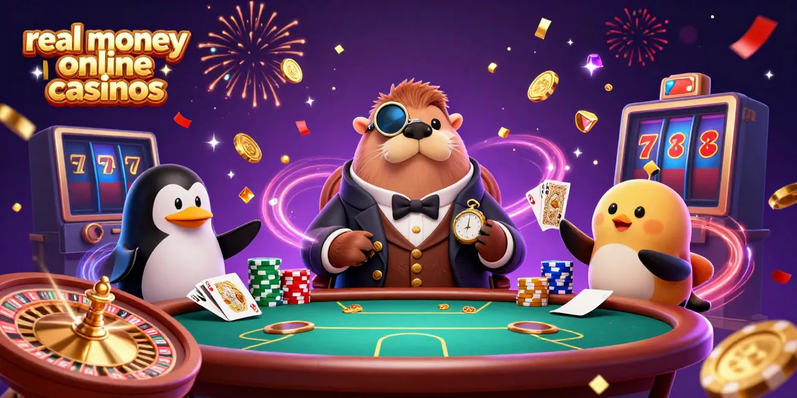 Enjoy real money online casinos with a jovial walrus at the poker table in a vibrant scene.