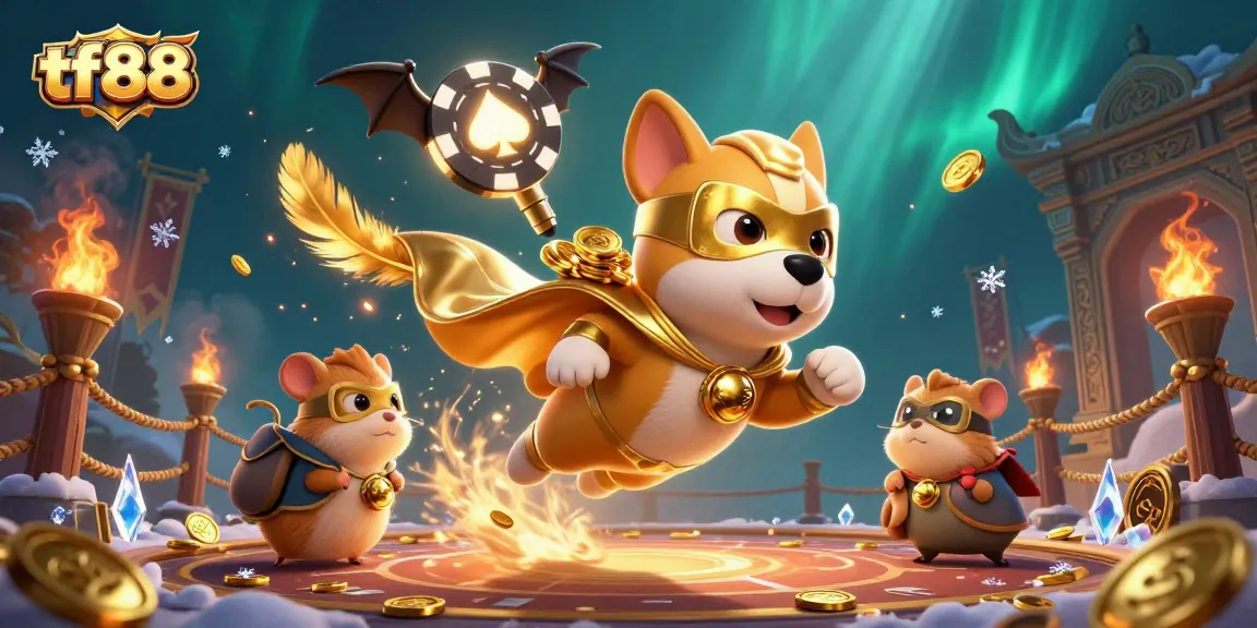 Experience thrilling gaming action at tf88 with an epic superhero and hamster duo amidst a vibrant casino scene.