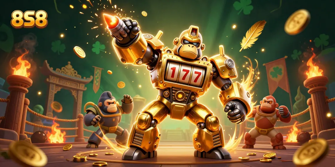 Experience 8S8's thrilling gaming with a 3D gorilla mech surrounded by dynamic casino elements.